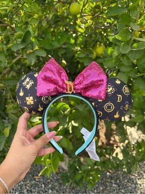 Pink Sequin Bow Minnie Ears Headband with Black Gold Print